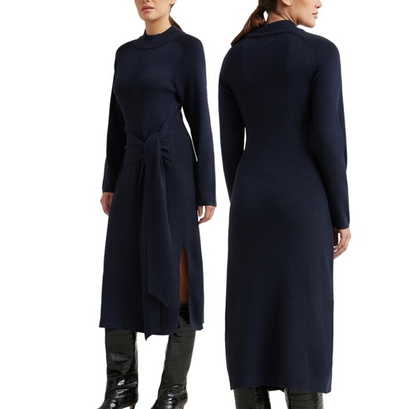 Modern Citizen Navy Blue Drop Waist Tie Long Sleeve Midi Dress - Picture 1 of 6